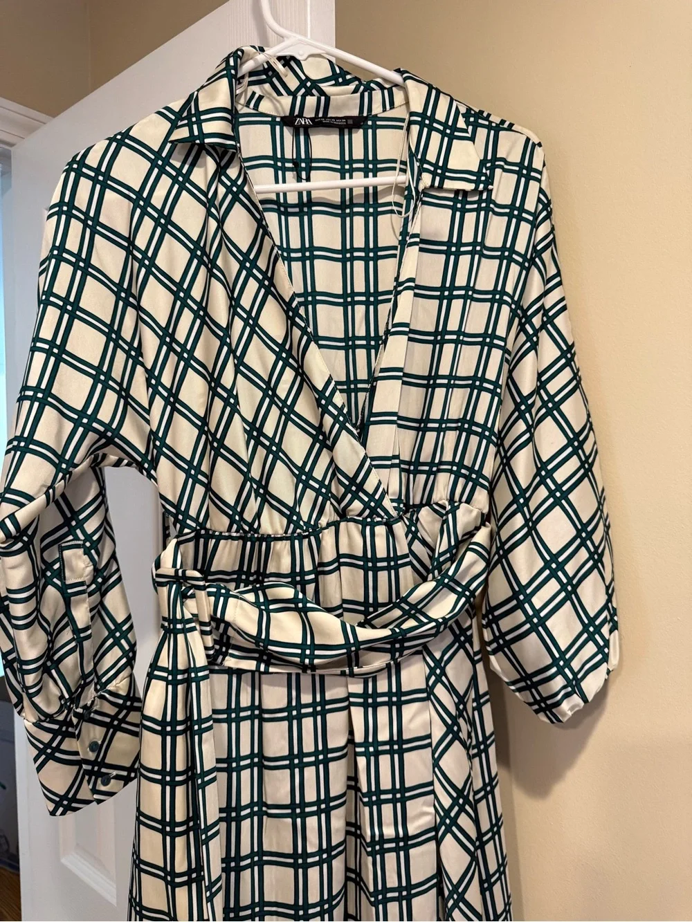 Zara Cream and Teal Plaid Wrap Dress